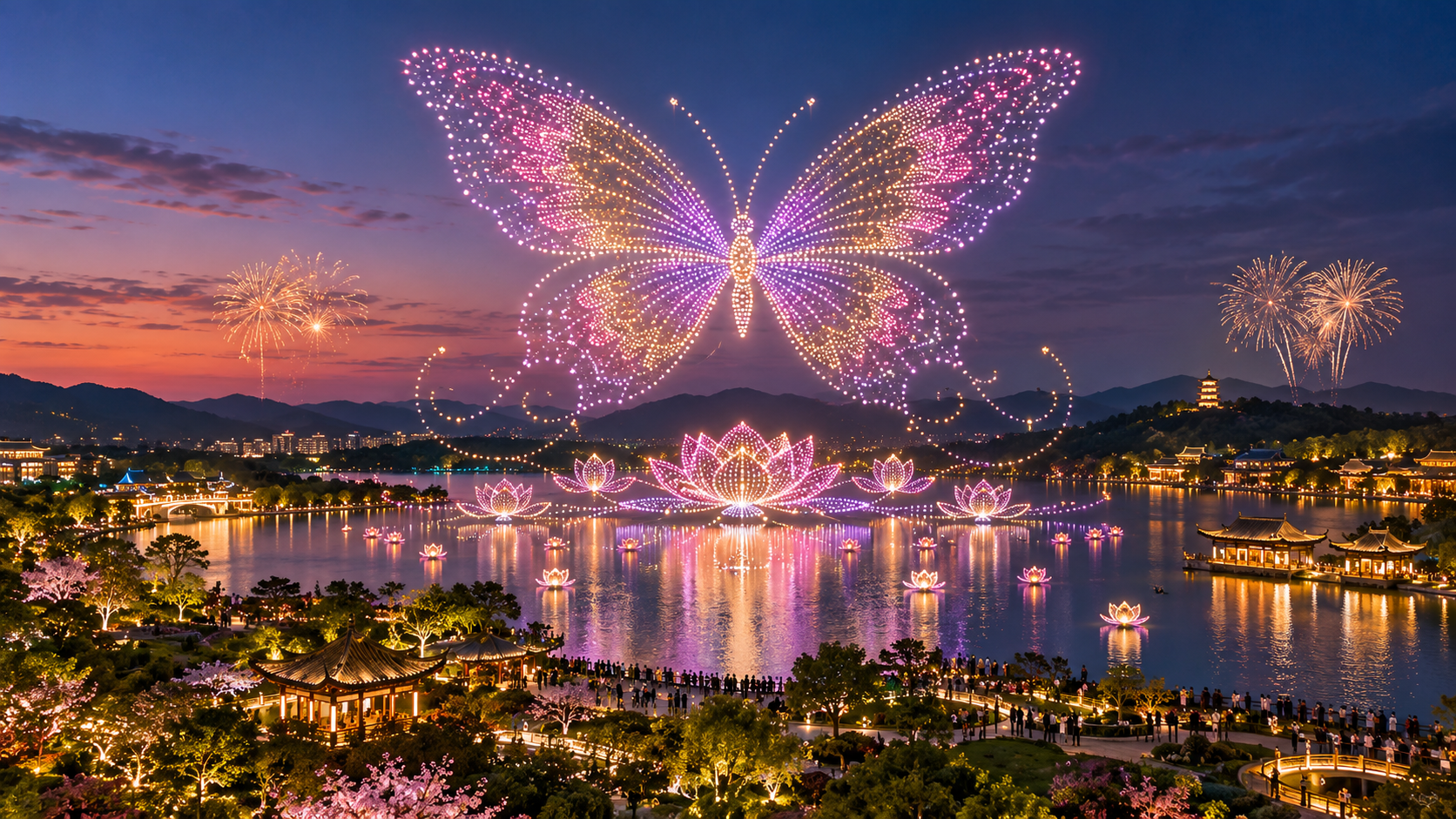 AI-generated concept of a butterfly and lotus drone show over a lakeside garden