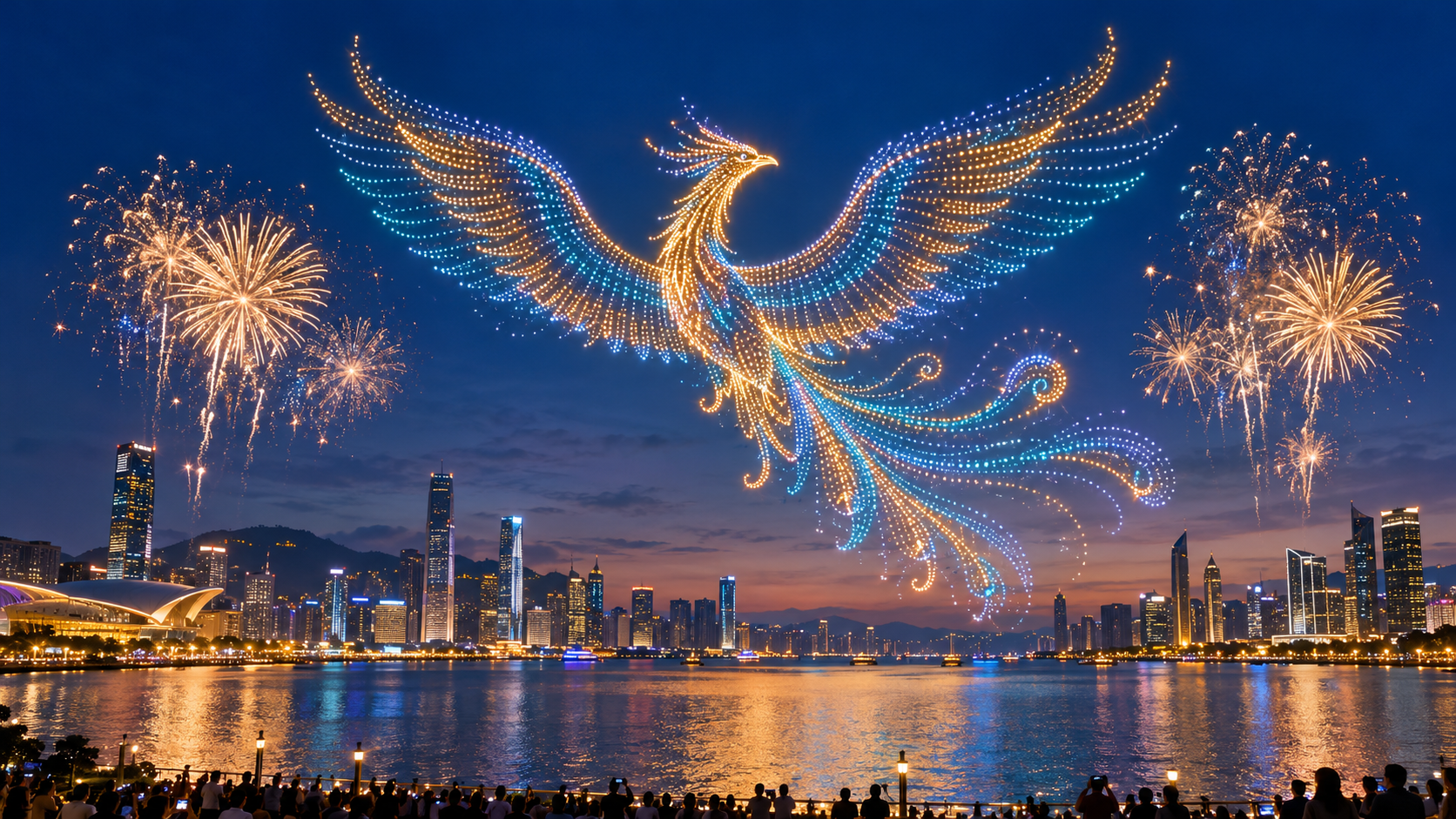 AI-generated concept of a waterfront drone formation and fireworks performance